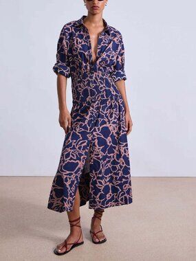 New Apiece Apart Sophia Smocked Shirt Midi Dress in Large Lace Floral Navy Sz M